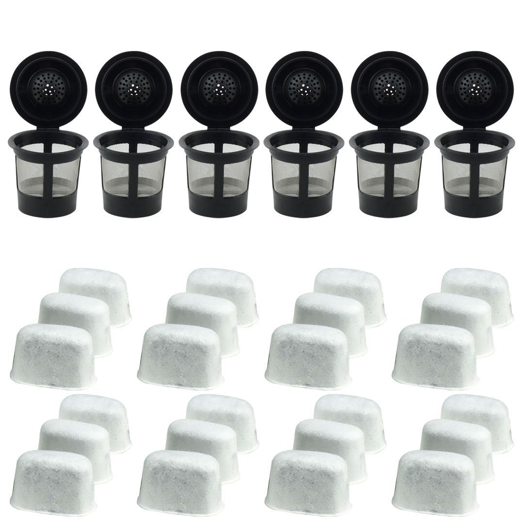 6 keurig reusable single k cup solo coffee filter pods and 24 charcoal water filter cartridges